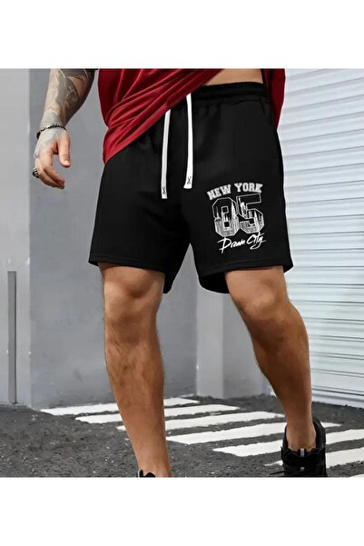 caddekombin شورت رجالي بجيب برمودا مطبوع من نيويورك 85، مقاس عادي، أسود