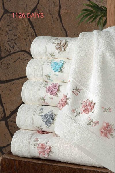 Fiesta 30X50 cm 3D Embroidered 100% Curl Cream 6 Pieces Kitchen Towels