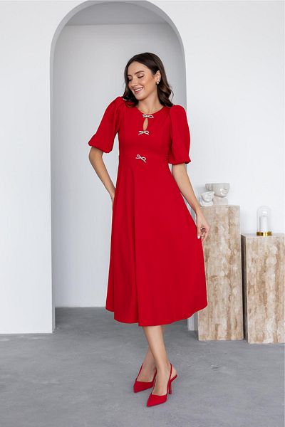 MOZENA Midi Length Midi Dress with Bow Detail