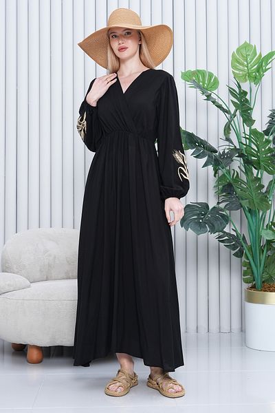 AYASOFYA OTANTIK Women's Black Embroidery Detailed Long Sleeve Long Dress