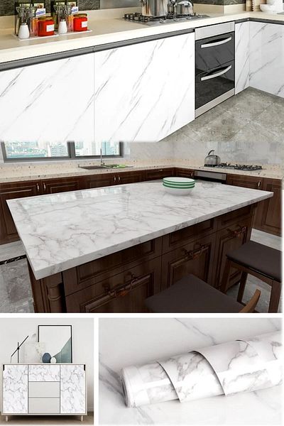Pastimore Adhesive White Marble Pattern Countertop Erasable Foil 5 Meters X 60cm