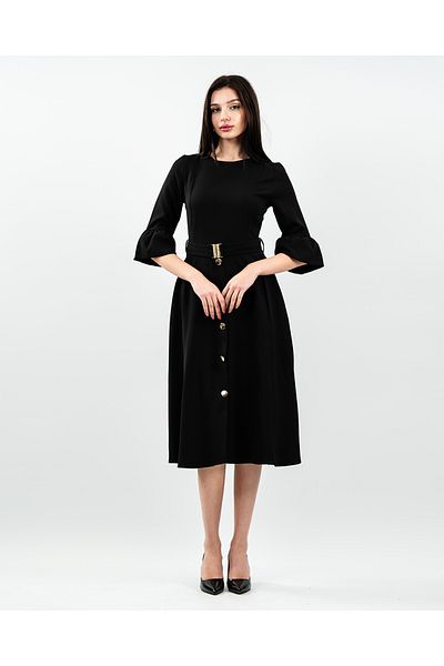 maf collection Γυναικείο βραδινό φόρεμα με μαύρο κουμπί με λεπτομέρεια με ζώνη με μανίκια τριών τετάρτων