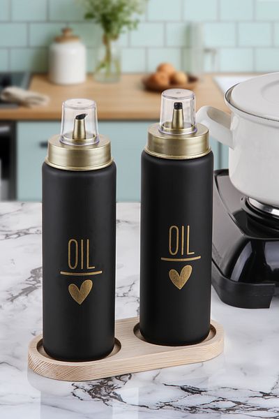 Sezka Life Set of 2 Sippy-Free Oil Pots - Glass Vinegar and Wooden Base 500ml Black
