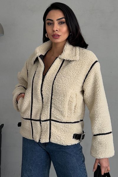 moda armanc Μπεζ βελούδινο γυναικείο μπουφάν με δερμάτινη λεπτομέρεια