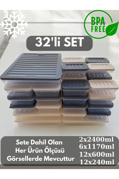 PONÇİK STORE 32 Pieces of Storage Containers Suitable for Microwave and Freeze - 2X2400Ml 6X1170Ml 12X600Ml 12X240Ml