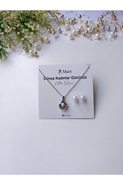 Lilamor 8 Mart Dünya Kadınlar Günü Hediyesi istiridye inci kolye ve inci Küpe...