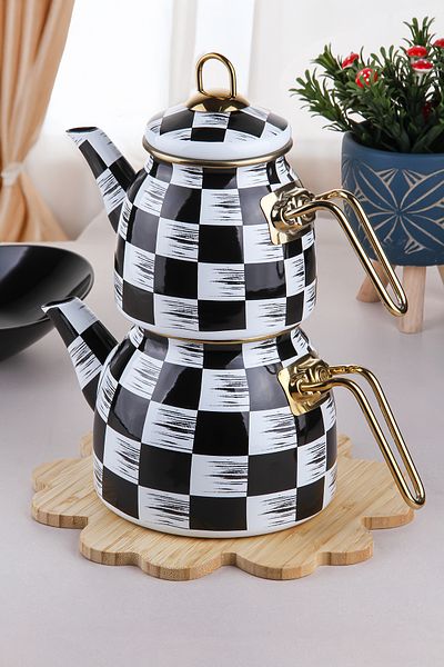 Sezka Life 3.1 L Checkers Patterned - Enameled Black and White Gold Handled Teapot Set