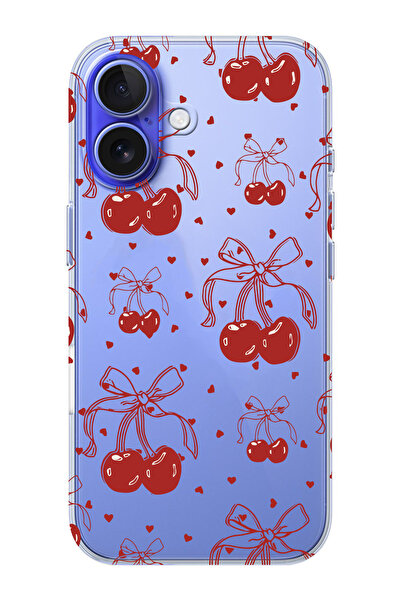 moonset Iphone 16 Uyumlu Kiraz ve Kalpler Tasarımlı Baskılı Şeffaf Telefon Kı...