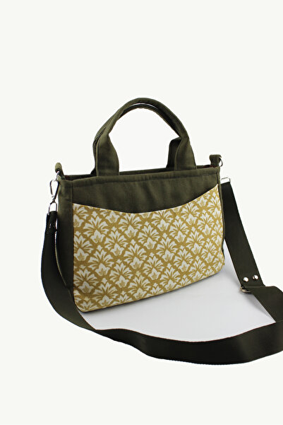 İLKYAZ Зелена жіноча сумка через плече, невеликого розміру - з візерунком, з джинсової тканини, на блискавці, 30x20x8 см