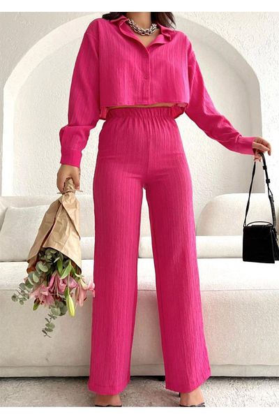 AB LOOKS Fuchsia Pink Women's Shirt and Trousers Set - Pleated Striped Summer Tile Bottom Top Set