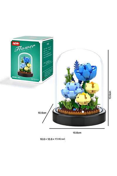 DEK Building Block Set of Blue and Yellow Flowers in Glass Fan - Decorative Flower Arrangement