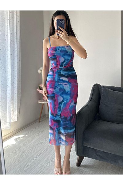 AB LOOKS Νέα σεζόν ελαστικό και ντραπέ φόρεμα με λουράκι μίντι τούλι