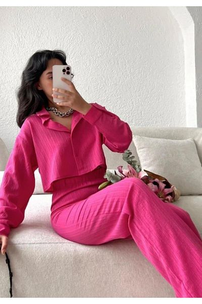 AB LOOKS Fuchsia Pink Women's Shirt and Trousers Set - Pleated Striped Summer Tile Bottom Top Set