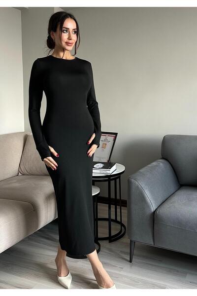 AB LOOKS فستان ماكسي ناعم أسود قابل للتمدد - نموذج أساسي بأكمام طويلة