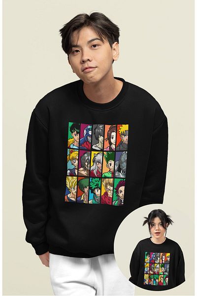 Fuddy Moda Oversize Animes Printed Hoodless Sweatshirt, Unisex Anime Themed Crew Neck Sweatshirt