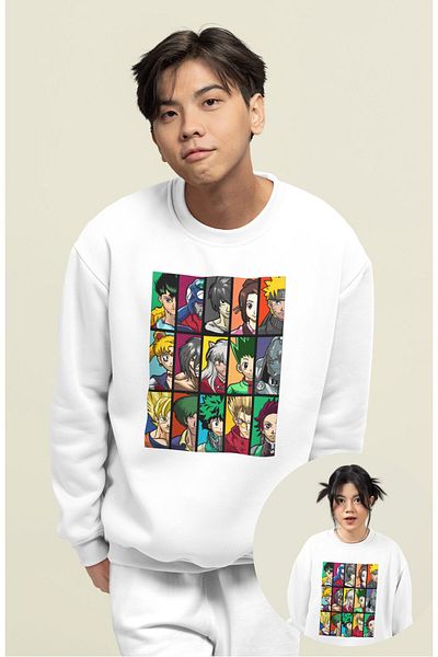 Fuddy Moda Φούτερ χωρίς κουκούλα με στάμπα Anime Oversize, Φούτερ με λαιμόκοψη με θέμα Anime Unisex