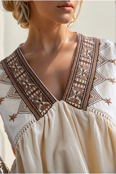 Cassime Καφέ Μπεζ Floral Print - Ethnic Κέντημα Μακριά Βαμβακερή Γυναικεία Μπλούζα