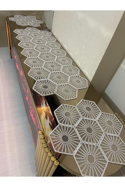 Tekstilsa New Luxury Runner Living Room Coffee Table Table Cover Set French Laced Dowry Set WHITE 5 Pieces