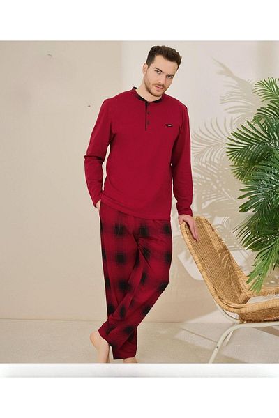 Pijamoni Ανδρικό σετ πιτζάμες με μακρυμάνικο γιακά με βαμβακερό κουμπί 100/7 - 1 τεμάχιο