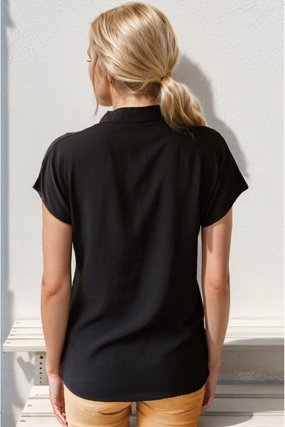 Cassime Women's Black Bat Viscose Short Sleeve Shirt with Buttons
