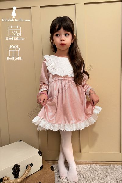 penu baby kids Powder Velvet Fishtail Collar Long Sleeve Baby Girl Dress