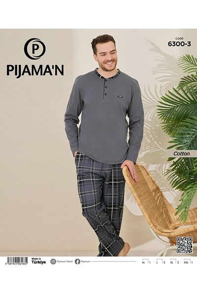Pijamoni Ανδρικό σετ πιτζάμες με μακρυμάνικο γιακά με βαμβακερό κουμπί 100/3 - 1 τεμάχιο