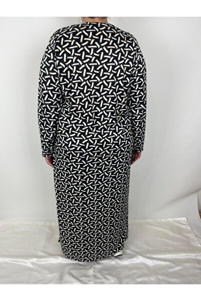 YAŞAR TRİKO Γυναικείο μαύρο μπεζ μοτίβο με λαιμόκοψη με μοτίβο μακρυμάνικο σουέτ εποχιακό χιτζάμπ φόρεμα