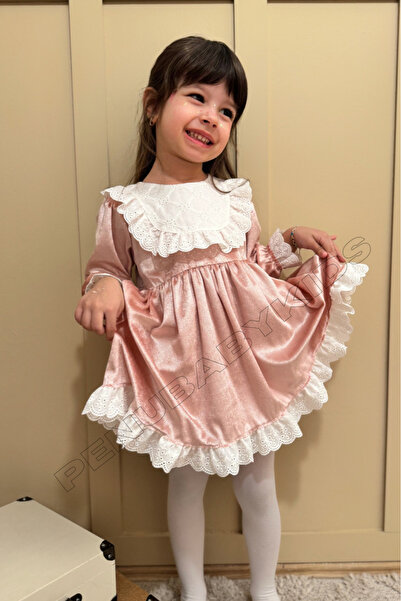 penu baby kids Pudra Kadife Fisto Yakalı Uzun Kol Kız Bebek Elbise