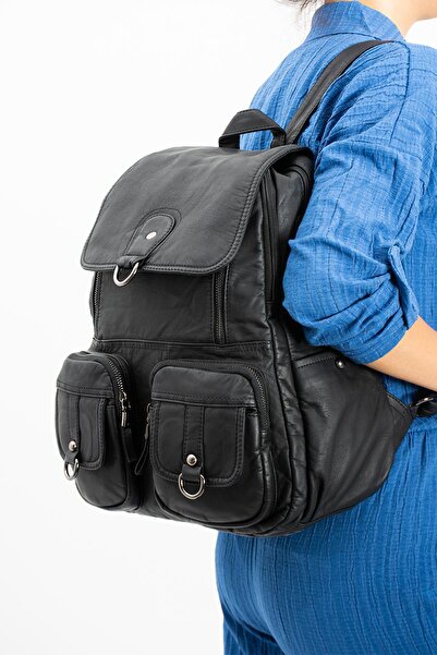 571 Collections Çanta Black Leather Backpack - Washed (Model: 571-11-11E)