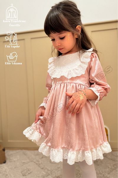penu baby kids Powder Velvet Fishtail Collar Long Sleeve Baby Girl Dress