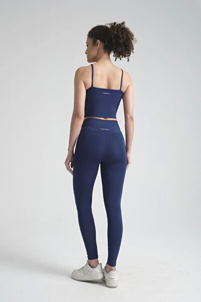 robanu Yüksek Bel Spor Tayt & Askılı Krop Takım | Lacivert Esnek Destekli Kaplı Spor Sütyeni ve Tayt Takımı