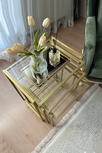 Genel Markalar 3'lü Gold Rana Sehpa, Şeffaf Camlı, Çok Amaçlı Zigon Sehpa, Yan Sehpa, Orta Sehpa, Metal Sehpa