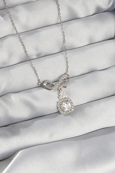 NEZADE STORE 316L Steel Silver Color Bow Detail Zircon Stone Solitaire Necklace - Lisinya