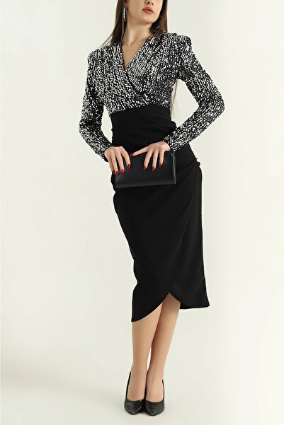 vuvutasarım New Season Padded Sequin Double Breasted Neckline Crep Dress