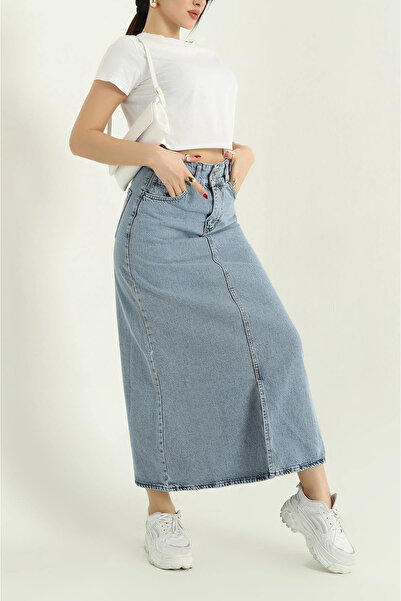 vuvutasarım New Season Blue Pocket Slit Denim Skirt
