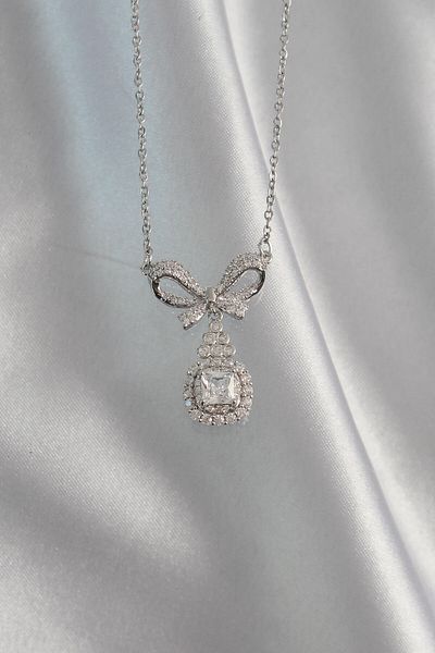NEZADE STORE 316L Steel Silver Color Bow Detail Zircon Stone Solitaire Necklace - Lisinya