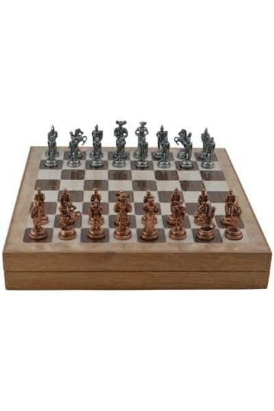 STOREMAX Medium-Sized Metal Spanish Chess Set with Antique and Rustic Pattern Mdf Board with Storage Box (36X36X6