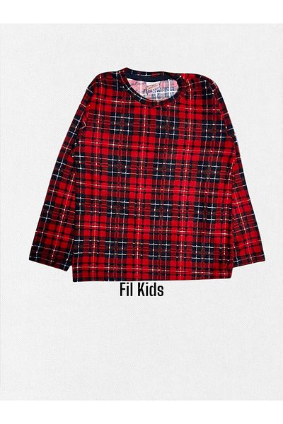 Fil Kids Boy's 100% Cotton Suede Fabric Red Plaid Print Long Sleeve Pajamas Set