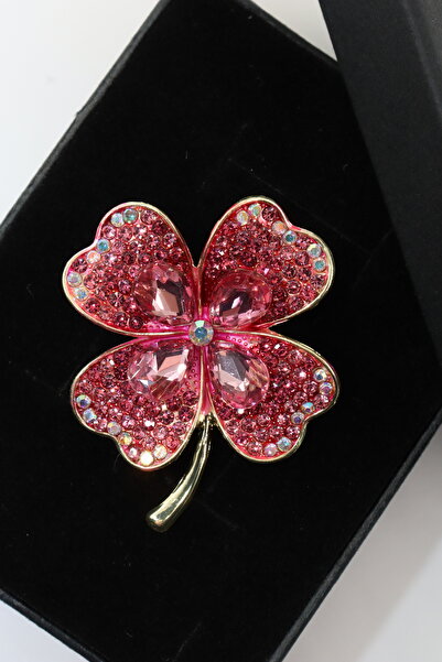 KEEBA Şansın sembolü Dört yapraklı yonca kadın broş gold bordo tonlu taşlı he...