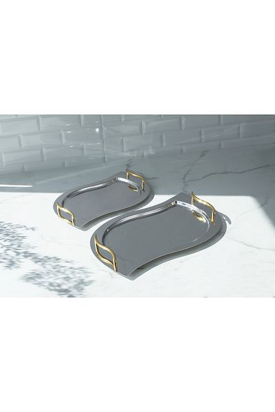 Nehir High quality stainless steel tray set. Consists of 2 pieces. With golden handle