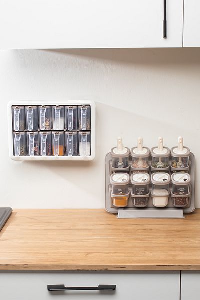Porsima Set of 8 Self-Adhesive Spoons Countertop Stand Swivel Lid and 12 Random Spice Rack