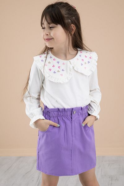 Cansın Mini Lilac Collar Heart Embroidered Badi Jean Skirt Girl's Suit 20335
