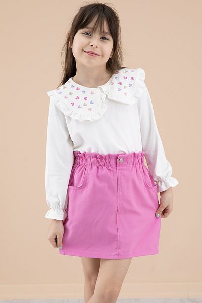 Cansın Mini Fuchsia Neck Heart Embroidered Badi Jean Skirt Girl's Suit 20333