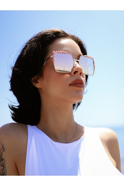 TomyHelf Square Pink Pearl Pink Frame Pink Glass Women's Sunglasses