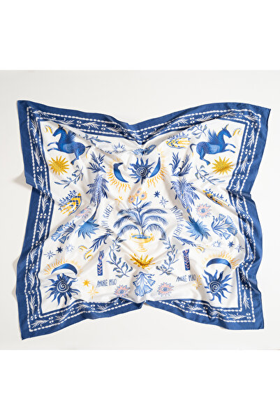 Zsa Zsa Zsu Pera Dijital Baskılı Pamuk Pamuk İpek Pareo 140x140 Cm Mavi - Beyaz