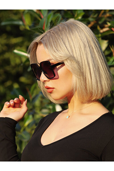 TomyHelf Kadın Güneş Gözlüğü Siyah Geniş Kare Çerçeve Siyah Cam