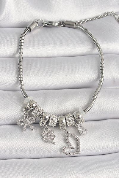 NEZADE STORE Brass Silver Color Chain Dangle Zircon Stone Heart Figure Clover Detail Women's Bracelet - Lisinya
