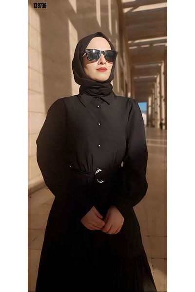 Kokosh moda Γυναικείο πουκάμισο Hijab με κουμπιά γιακά με ζώνη μακρυμάνικο υφαντό φόρεμα