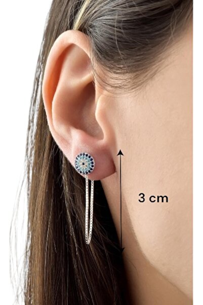 jelux silver Gümüş 925 Ayar Zirkon Taşlı Nazar Model Zincirli Gümüş Küpe