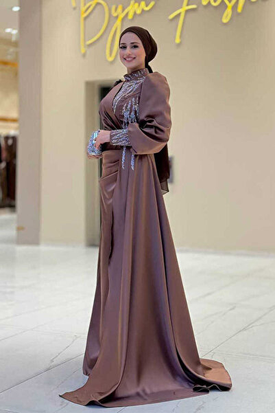 Bym Fashion Stoned Tail Detail Evening Dress 7044 Brown